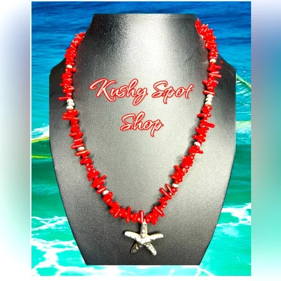 Vintage Artisan ✨♥️🪸Coral & Sterling Silver Starfish ⭐️🐠 Pendant Necklace✨♥️🪸 - Picture 1 of 1